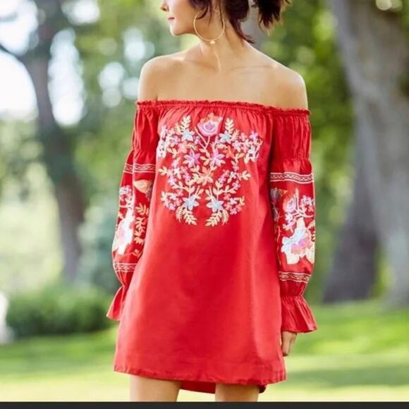 Free People Fleur Du Jour Red Floral Embroidered Off the Shoulder Dress Large - Picture 1 of 6